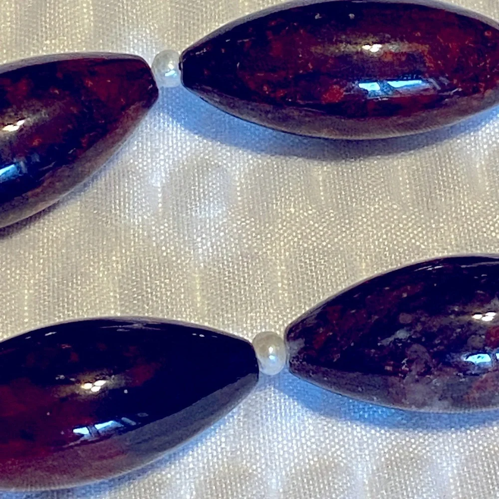 Red Brown Stone Oval Bead with small Pearl Spacers Necklace 925 Sterling